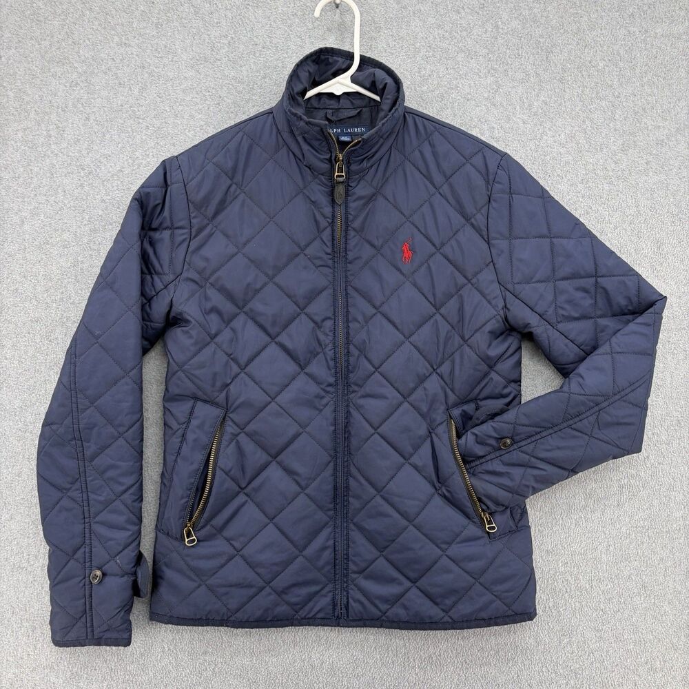 Ralph Lauren Womens Small Navy Quilted Jacket Red Pony Full Zip Preppy